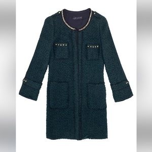 Zara Women Size Medium Green Tweed and Gold Chain Boxing Jacket